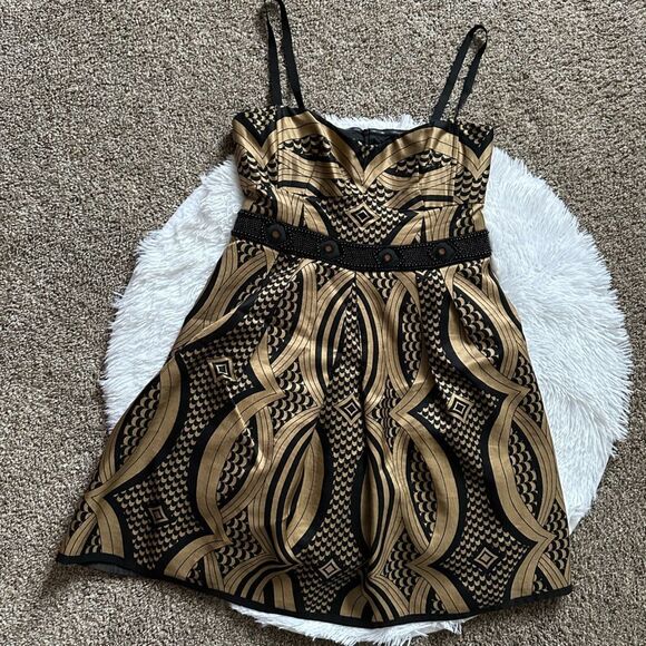 Nanette Lepore Cocktail Dress Linen Silk Blend Gold Black Womens Size 8 - Picture 1 of 10